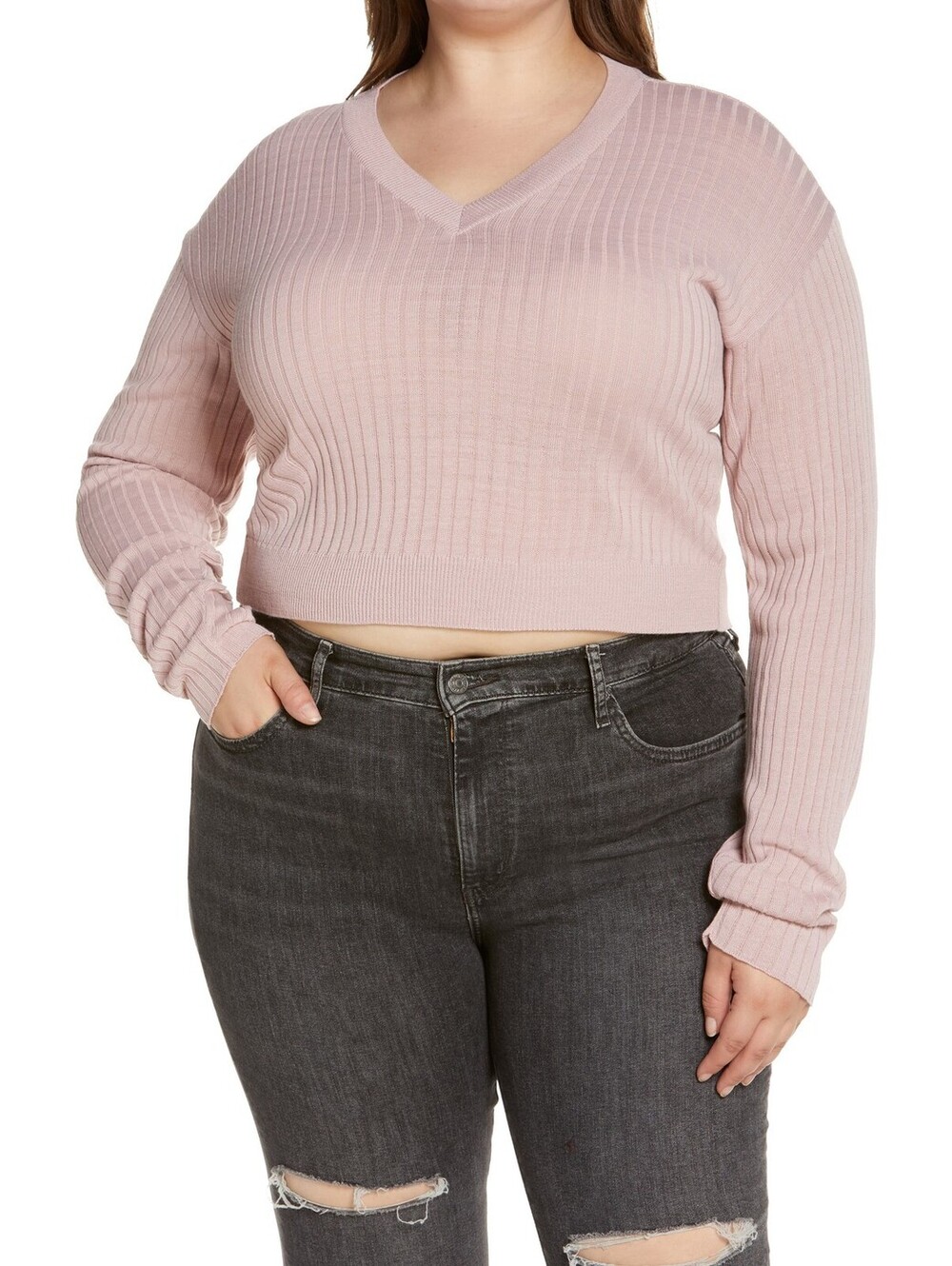 BP. Reagan V-Neck Rib Sweater in Pink Smoke, Size 1X